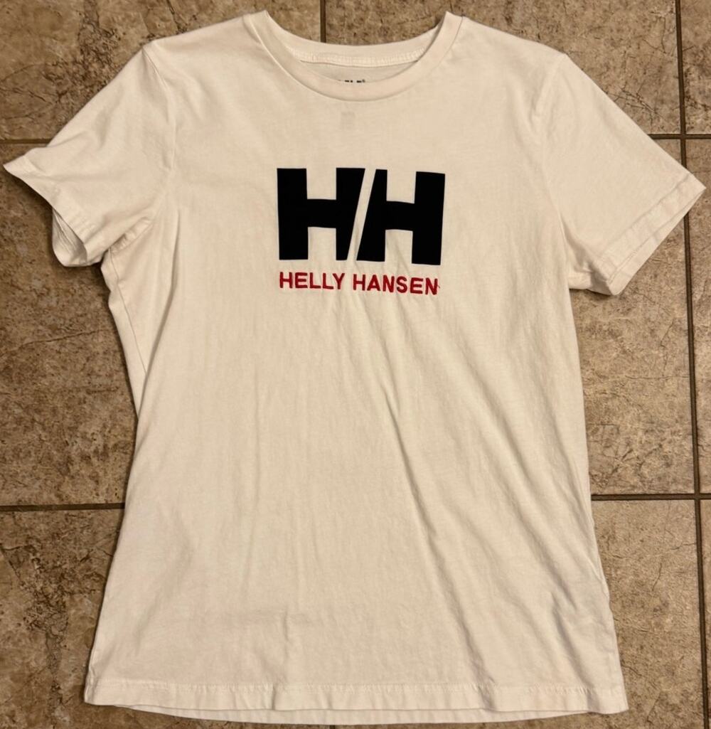 Helly Hansen Women's White Graphic T-Shirt Sz M 100% Organic Cotton Short Sleeve